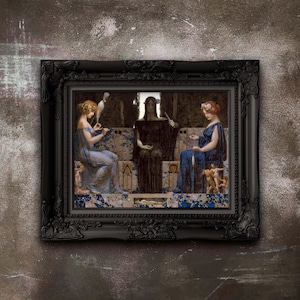 May include: An artwork in a black ornate frame, depicting a classical painting. The painting shows three figures in robes, one with a bird. The background is a textured, neutral-toned wall, providing a contrast to the dark frame.