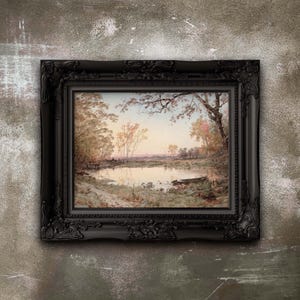 Póster de paisaje de estanque otoñal en tonos apagados: arte mural vintage en papel mate premium