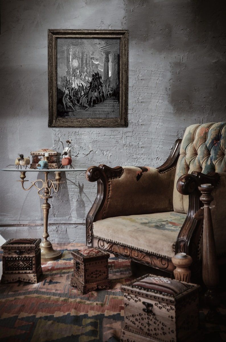 Gustave Dore Satan i rådet Konsttryck | Mörkt ockult Paradise Lost Väggdekor | Gotisk mytologisk gravyr Matt Poster | Dark Academia bild 10