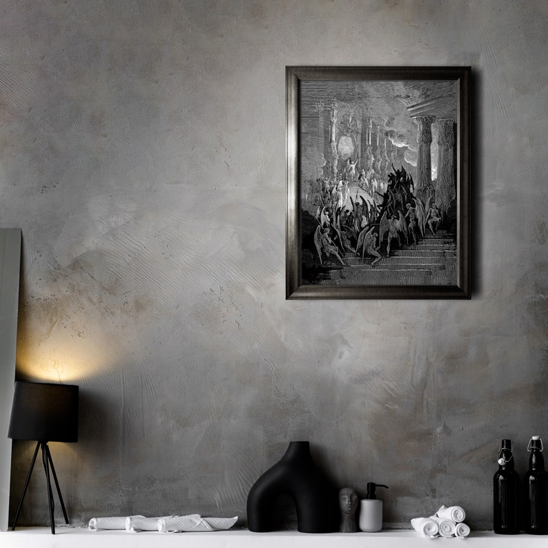 Gustave Dore Satan i rådet Konsttryck | Mörkt ockult Paradise Lost Väggdekor | Gotisk mytologisk gravyr Matt Poster | Dark Academia bild 11