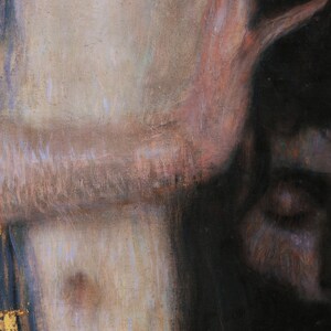 May include: A close-up of a painting depicting a woman with long dark hair, wearing a gold and blue patterned garment. Her hand is raised to her hair, and her face is partially obscured.