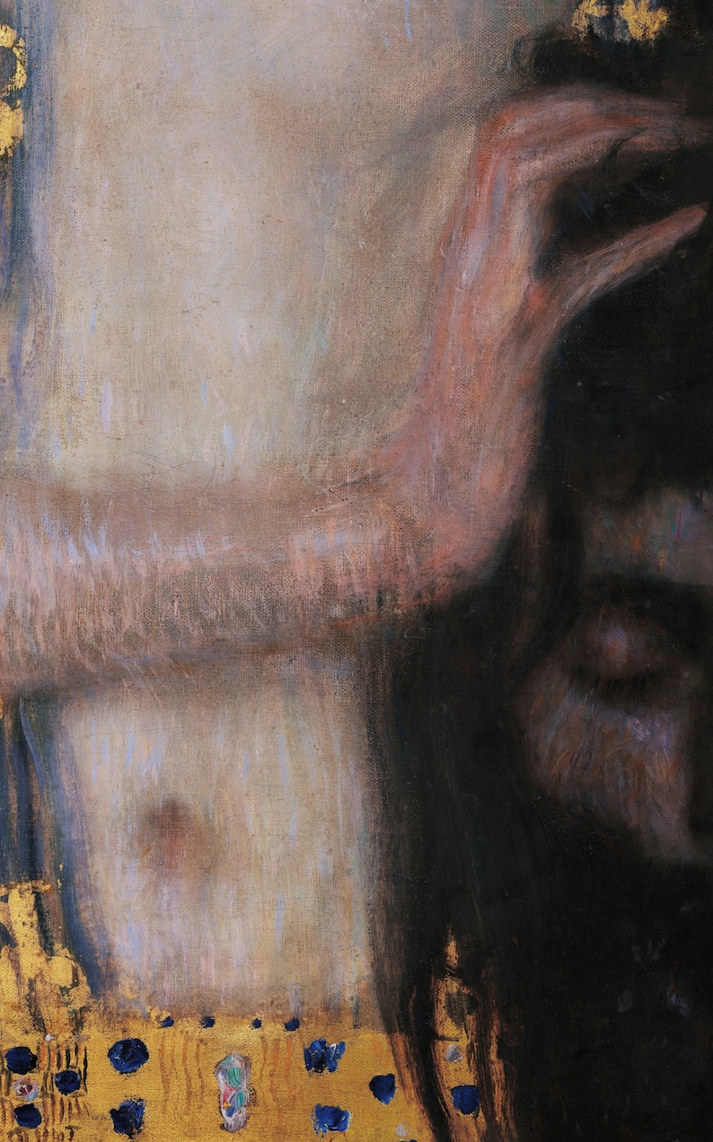 May include: A close-up of a painting depicting a woman with long dark hair, wearing a gold and blue patterned garment. Her hand is raised to her hair, and her face is partially obscured.