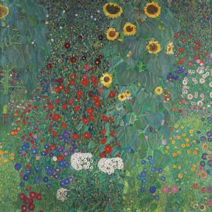 May include: A vibrant painting of a garden filled with sunflowers, red poppies, and various other colorful flowers. The sunflowers are tall and prominent, with large yellow petals and dark centers. The artwork features a lush, green background with a variety of floral details.