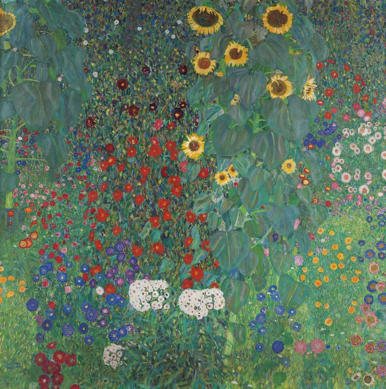 May include: A vibrant painting of a garden filled with sunflowers, red poppies, and various other colorful flowers. The sunflowers are tall and prominent, with large yellow petals and dark centers. The artwork features a lush, green background with a variety of floral details.