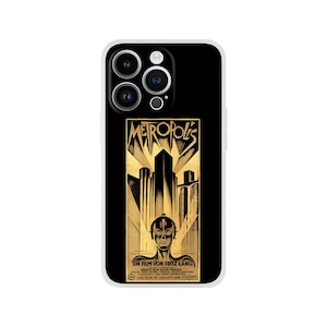 May include: A black iPhone case with a gold Metropolis movie poster design. The poster features a black and white illustration of a futuristic city with a man's face in the center. The text on the poster reads "Metropolis, Ein Film von Fritz Lang".