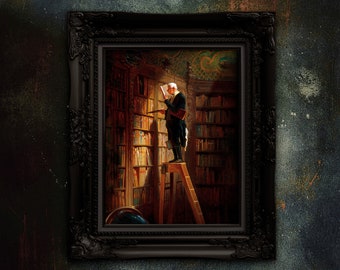 May include: A painting in a black frame shows a man in a dark suit standing on a ladder in a library, reaching for a book on a high shelf. The library is full of bookshelves and books.