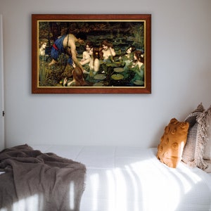 May include: A framed painting depicting a group of women in a pond with a man standing on the edge of the water. The women are partially submerged in the water and are surrounded by lily pads. The man is wearing a blue robe and is looking at the women. The painting is set in a lush forest setting.
