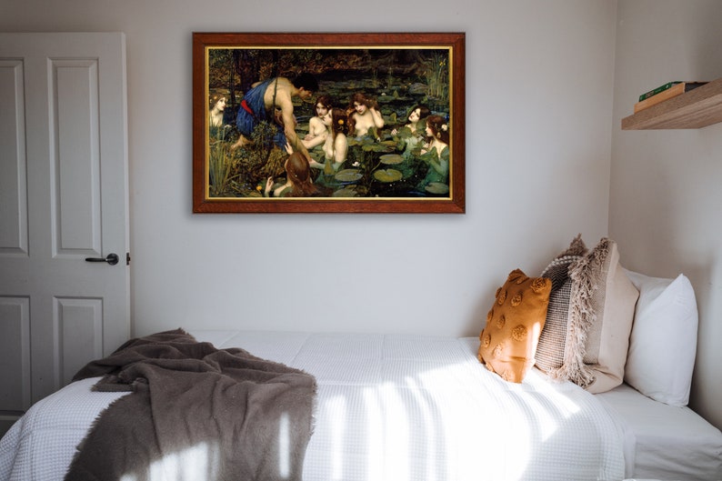 May include: A framed painting depicting a group of women in a pond with a man standing on the edge of the water. The women are partially submerged in the water and are surrounded by lily pads. The man is wearing a blue robe and is looking at the women. The painting is set in a lush forest setting.