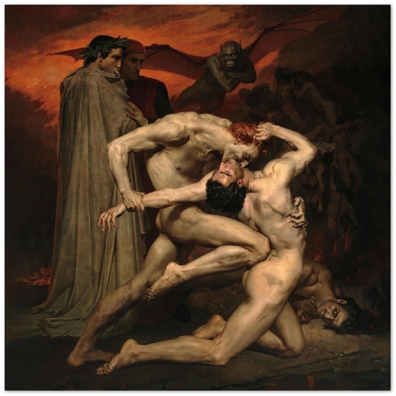 May include: A painting depicting a scene from Dante's Inferno. Two nude figures wrestle in a fiery underworld, while a winged demon watches from above. Two figures in the background wear robes and observe the scene.