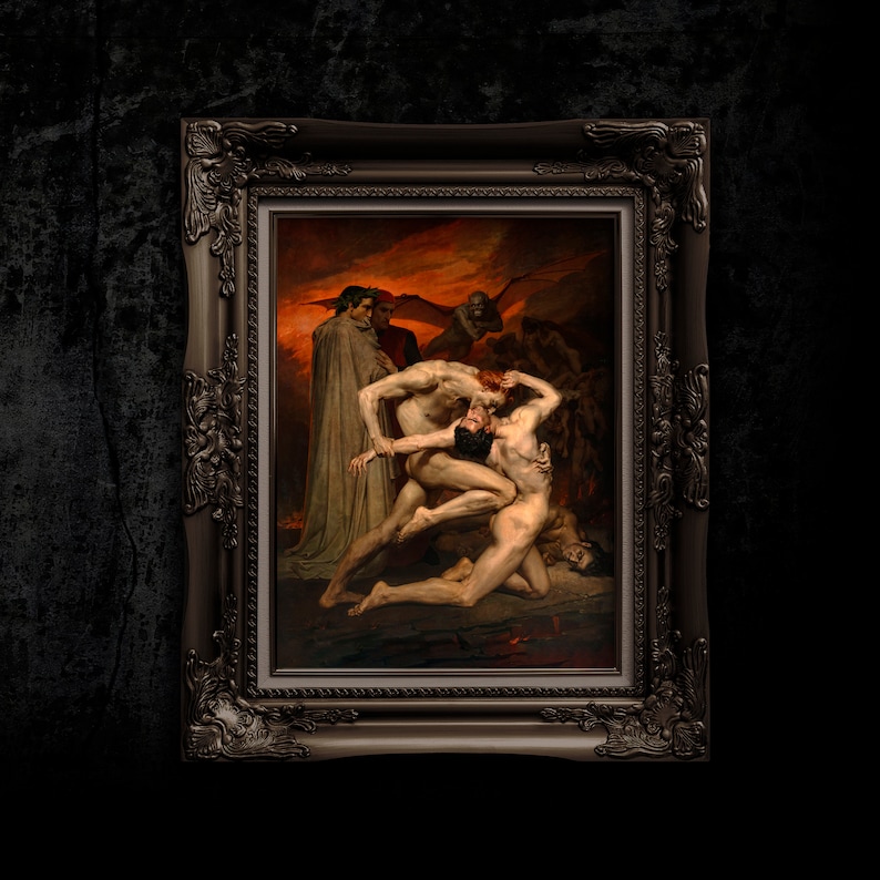 May include: A framed oil painting depicting a dramatic scene with three figures. The central figure is a man with dark hair and a beard, who is being attacked by another man with a sword. A third figure, a man with a red hat, watches the scene unfold. The painting is set against a backdrop of a fiery sky.
