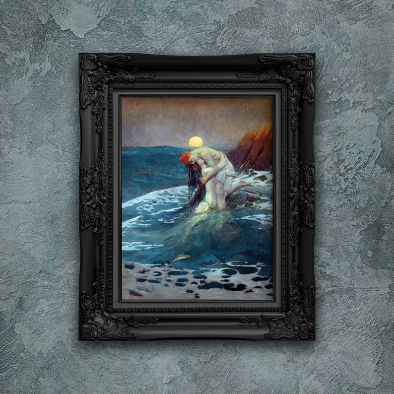 May include: A framed painting depicting a mermaid being rescued by a man in the ocean. The painting is set against a backdrop of a rocky shore and a bright moon in the sky. The colours are muted and the overall tone is romantic.