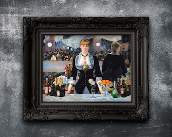 Puede incluir: Una impresión enmarcada de una pintura que representa a una mujer detrás de una barra, con botellas y vasos. La obra de arte está en un marco negro ornamentado, sobre un fondo texturizado gris oscuro. La pintura presenta una escena de bar con una multitud al fondo.