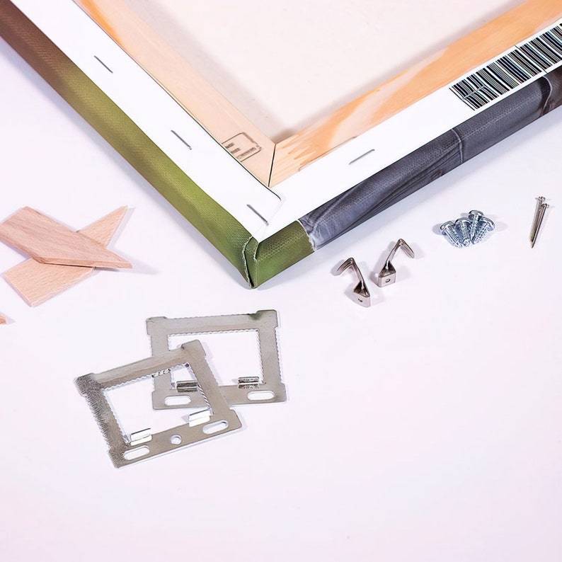May include: A close-up of a canvas print with a wooden frame, hanging hardware, and screws. The canvas print is wrapped around the frame and secured with staples. The hanging hardware includes two D-rings and two sawtooth hangers. The screws are silver and are used to attach the hanging hardware to the frame.