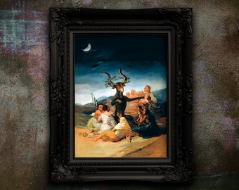 May include: A framed oil painting depicting a scene of a group of people gathered around a horned figure with a crown of leaves. The scene is set against a dark sky with a crescent moon in the background.
