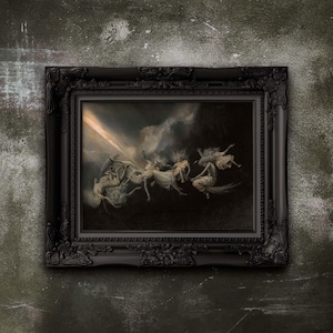 May include: A framed artwork in a black, ornate frame. The painting shows figures in white robes against a dramatic, stormy sky with a beam of light. The overall aesthetic is gothic and evocative of a classical style.