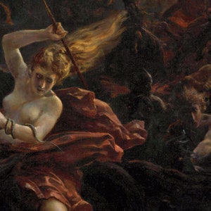 May include: A painting depicting a woman with flowing blonde hair, holding a snake in her left hand and a spear in her right hand. She is wearing a red robe and is surrounded by dark figures.