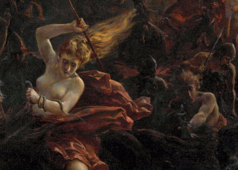 May include: A painting depicting a woman with flowing blonde hair, holding a snake in her left hand and a spear in her right hand. She is wearing a red robe and is surrounded by dark figures.