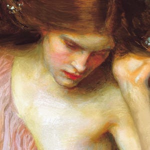 Puede incluir: Un primer plano de la cara de una mujer con el pelo largo y rojo que fluye. Sus ojos est&aacute;n cerrados y sus labios ligeramente entreabiertos. Lleva una prenda rosa y su piel es clara. La pintura est&aacute; realizada en un estilo realista con pinceladas suaves.