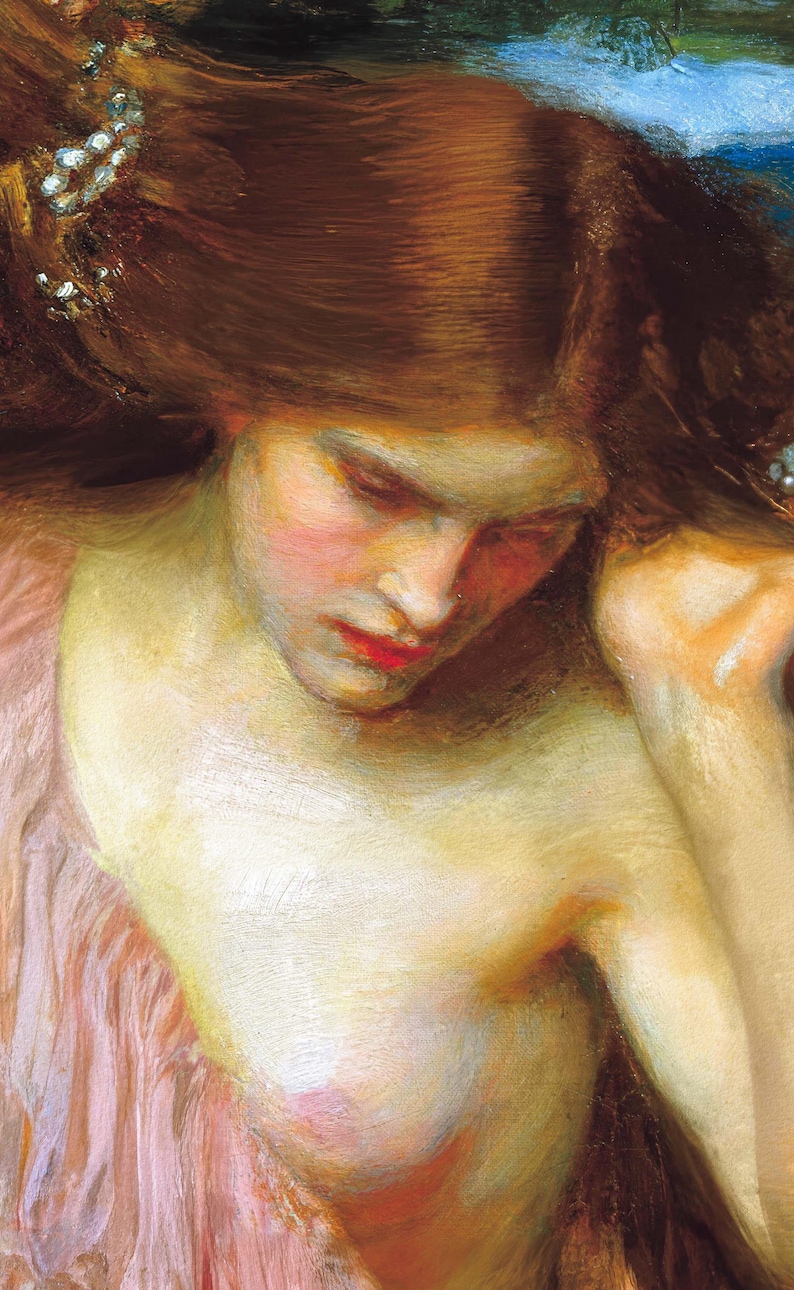Puede incluir: Un primer plano de la cara de una mujer con el pelo largo y rojo que fluye. Sus ojos est&aacute;n cerrados y sus labios ligeramente entreabiertos. Lleva una prenda rosa y su piel es clara. La pintura est&aacute; realizada en un estilo realista con pinceladas suaves.