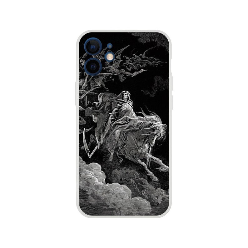 May include: Black and white illustration of Death riding a horse, with a scythe in hand, surrounded by other figures. The image is on a black background.