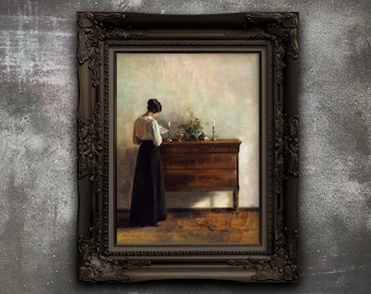 Impression d'art femme lisant vintage : scène d'intérieur antique