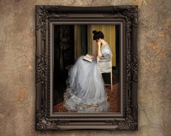 Livre de lecture de femme vintage, impression de peinture à l'huile ancienne, affiche en papier mat
