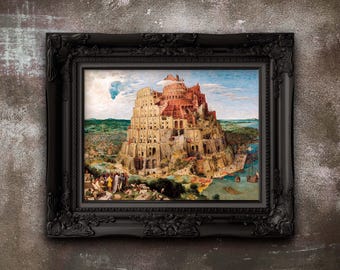 May include: A framed print of a painting depicting the Tower of Babel. The artwork features a large, multi-tiered structure with a reddish-brown facade, set against a backdrop of a blue sky and green landscape. The frame is black and ornate.