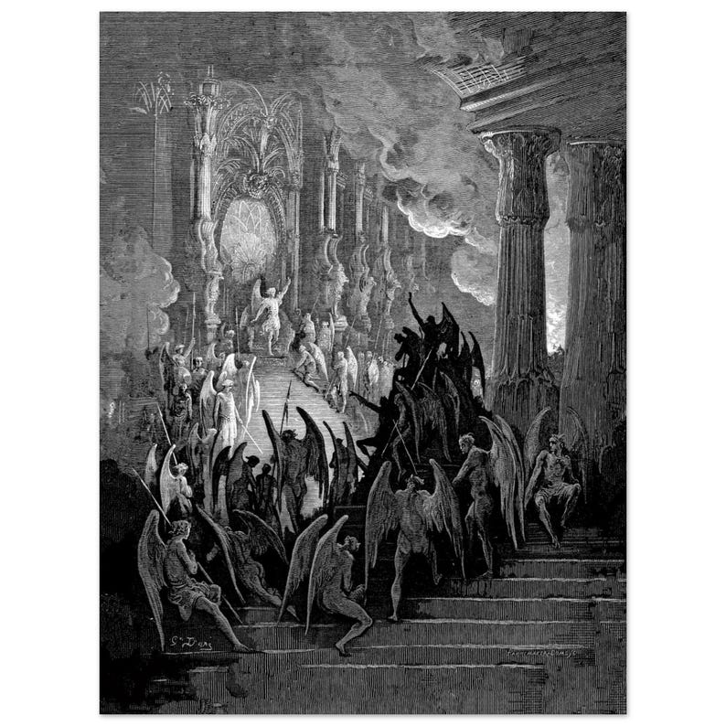 Gustave Dore Satan i rådet Konsttryck | Mörkt ockult Paradise Lost Väggdekor | Gotisk mytologisk gravyr Matt Poster | Dark Academia bild 5