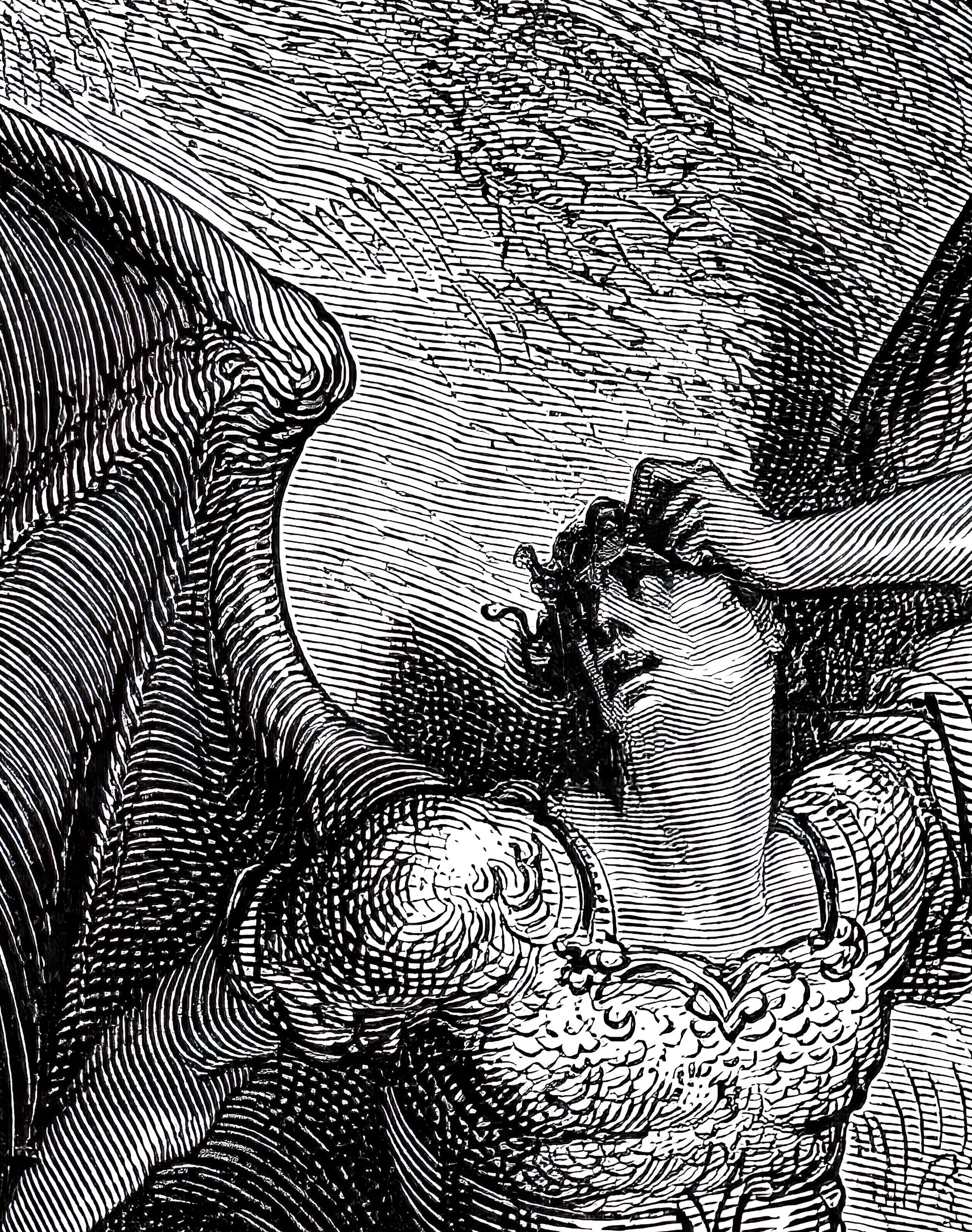悪魔の堕落。ギュスターヴ・ドレの版画。悪魔の絵。失楽園