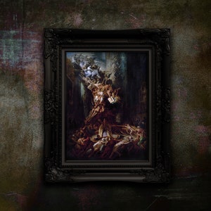 May include: A framed painting depicting a scene of chaos and turmoil.  The painting is dominated by a large, dark figure in the center, surrounded by smaller figures. The figures are all contorted and twisted, suggesting a sense of struggle and despair. The painting is set against a dark background, which adds to the overall sense of gloom and foreboding.