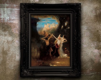 May include: A framed oil painting depicting a scene of three figures in a forest setting. The figures are dressed in flowing robes and appear to be dancing or interacting with each other. The background features lush greenery and a glimpse of a blue sky.