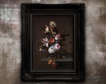 Moody Floral Still Life Print, Vintage Matte Paper Poster