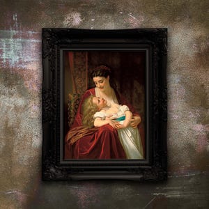 Puede incluir: Una pintura al óleo enmarcada que representa a una madre y un niño. La madre lleva un vestido de terciopelo rojo y sostiene al niño en sus brazos. El niño lleva un vestido blanco y tiene el pelo largo y rubio. La pintura está ambientada en una habitación con un fondo oscuro.