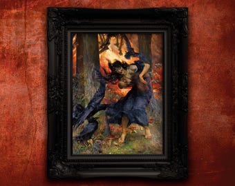 May include: A framed artwork featuring a woman in a dark blue dress, surrounded by ravens in a forest setting. The painting has a dramatic, gothic style, with a dark color palette and a black ornate frame. The background is a textured, reddish-brown wall.