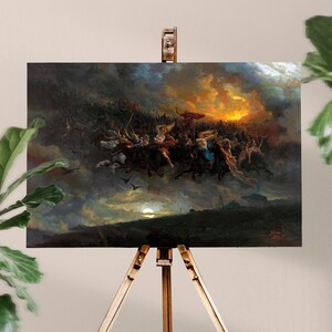 May include: A painting depicting a scene from Norse mythology, with figures riding on horseback through a stormy sky. The figures are surrounded by dark clouds and a fiery sunset. The painting is titled "Valhalla" and signed by the artist.