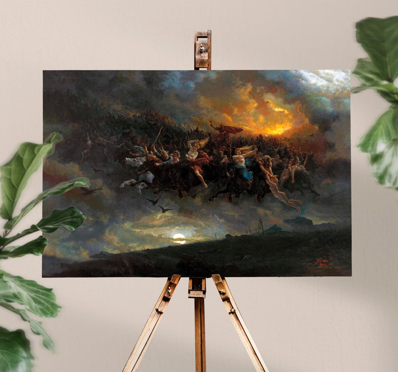 May include: A painting depicting a scene from Norse mythology, with figures riding on horseback through a stormy sky. The figures are surrounded by dark clouds and a fiery sunset. The painting is titled "Valhalla" and signed by the artist.