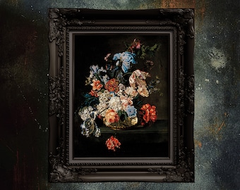 Dark Floral Botanical Print: Moody Oil Painting Style, Unframed