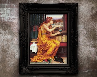 May include: A framed print featuring a classical painting of a woman in a golden dress, seated near a window. The artwork includes a black cat, books, and a landscape view. The frame is black with ornate detailing, set against a textured gray background.