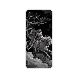 May include: Black and white phone case with a graphic of Death riding a horse through the clouds. The phone case has a black background and a white image of Death riding a horse through the clouds. The image is in a vintage style.