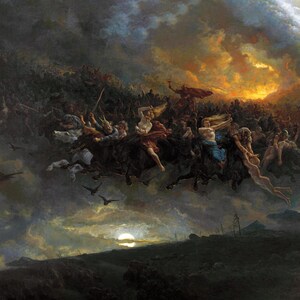 May include: A painting depicting a scene from Norse mythology, with a group of figures riding horses through a stormy sky. The figures are surrounded by dark clouds and a bright orange sunset. The painting is set against a backdrop of a dark, rocky landscape.