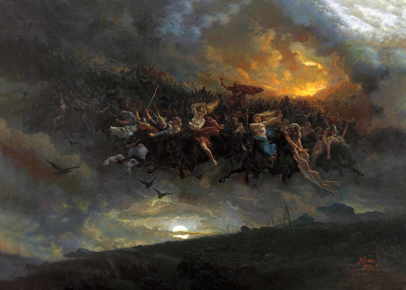 May include: A painting depicting a scene from Norse mythology, with a group of figures riding horses through a stormy sky. The figures are surrounded by dark clouds and a bright orange sunset. The painting is set against a backdrop of a dark, rocky landscape.