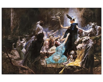 May include: An oil painting depicting a central figure in a dark cloak and winged hat holding a staff, surrounded by a crowd of figures in various states of undress and draped clothing, set within a dark, rocky, and cavernous landscape.