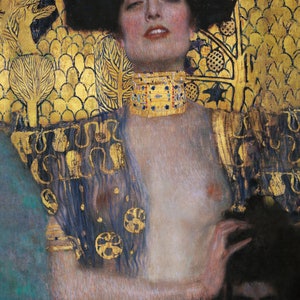 May include: A painting of a woman with long dark hair wearing a gold necklace and a blue and gold robe. The background is a gold and green pattern.