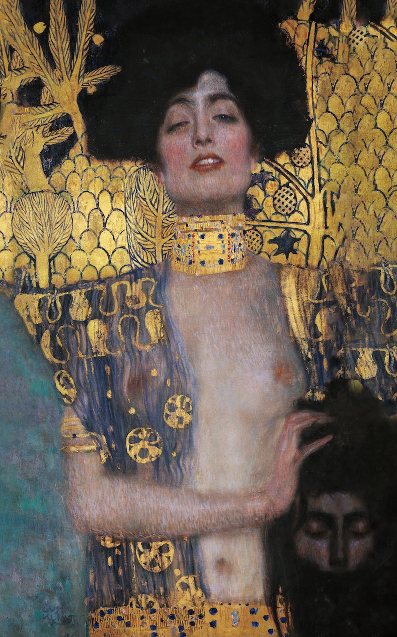 May include: A painting of a woman with long dark hair wearing a gold necklace and a blue and gold robe. The background is a gold and green pattern.