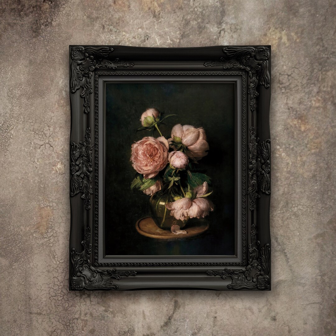 Vintage Peony Print: Moody Floral Still Life, Dark Oil Painting - Etsy