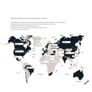 May include: A world map with black and gray shading showing the locations of local production centers for a global delivery service. The map shows countries in North America, South America, Europe, Asia, Africa, and Australia. The text "Global delivery from local production centers" is at the top of the map.