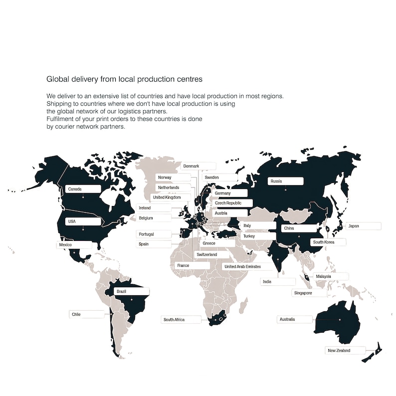 May include: A world map with black and gray shading showing the locations of local production centers for a global delivery service. The map shows countries in North America, South America, Europe, Asia, Africa, and Australia. The text "Global delivery from local production centers" is at the top of the map.