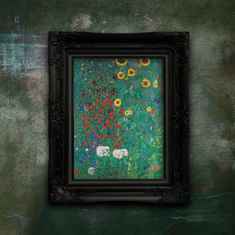 May include: A framed print of a floral painting with sunflowers, red, white, and blue flowers, and green foliage. The artwork is in a black ornate frame, set against a textured green background.