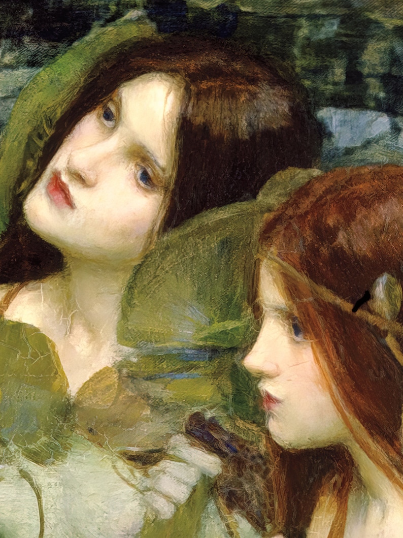 May include: A painting of two women with long flowing hair. The woman on the left has her head tilted down and her eyes are closed. The woman on the right has her head tilted to the side and her eyes are open. Both women are wearing simple clothing and have a soft, ethereal look.