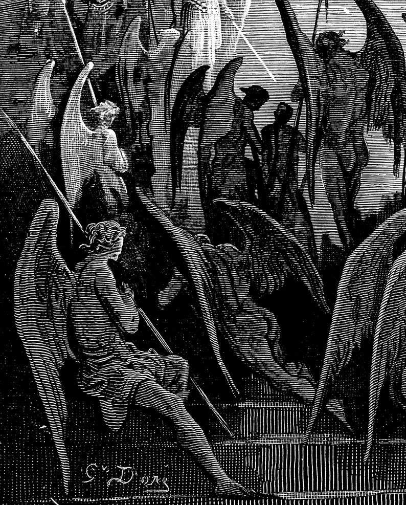 Gustave Dore Satan i rådet Konsttryck | Mörkt ockult Paradise Lost Väggdekor | Gotisk mytologisk gravyr Matt Poster | Dark Academia bild 6